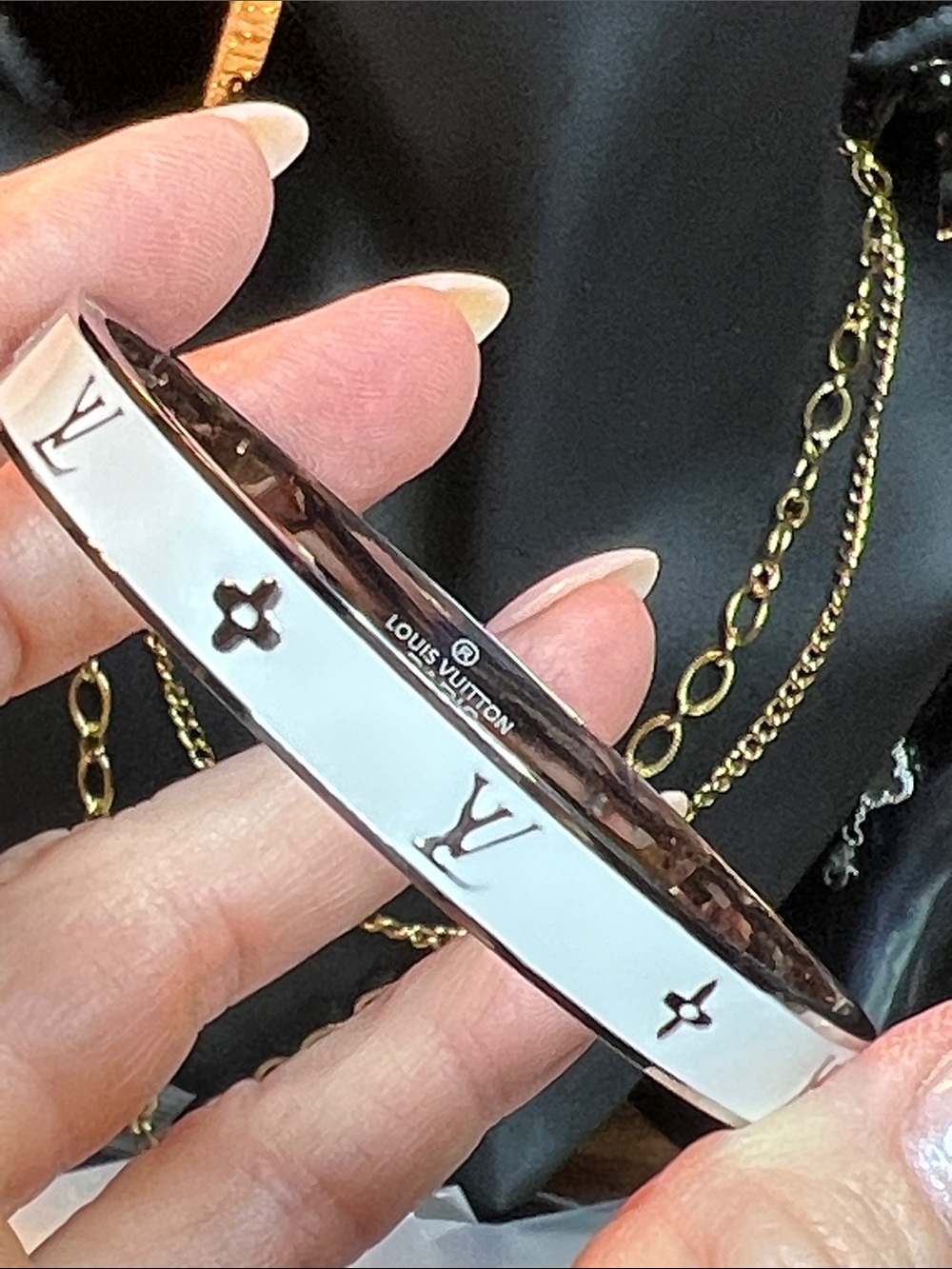 White Enamel & Gold-Tone Monogram Bangle Bracelet